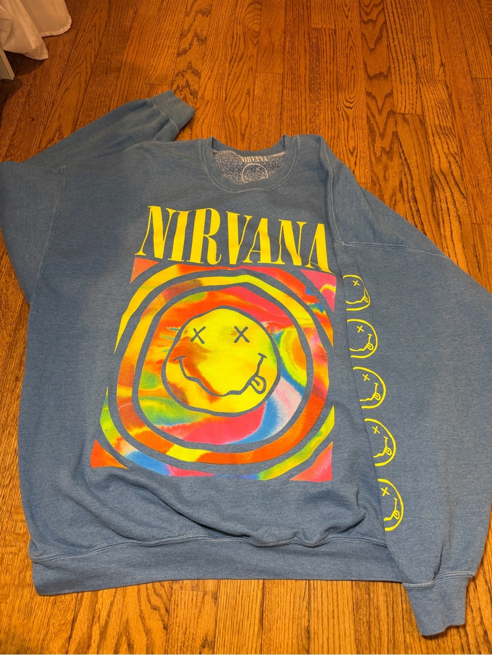 NIRVANA Blue Crewneck Sweatshirt with Multicolor Tie-Dye Smile Graphic